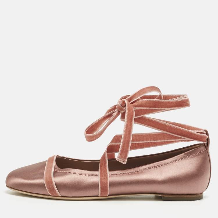 Pre Owned Malone Souliers Pink Satin And Velvet Spencer Ankle Wrap Ballet Flats Size 40