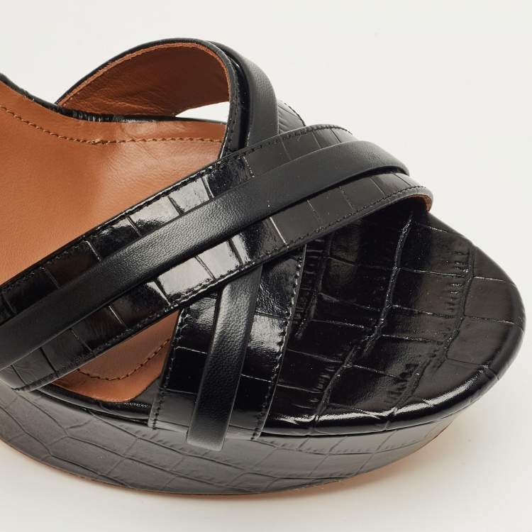 Pre Owned Malone Souliers Black Croc Embossed Leather Mila Platform Sandals Size 42