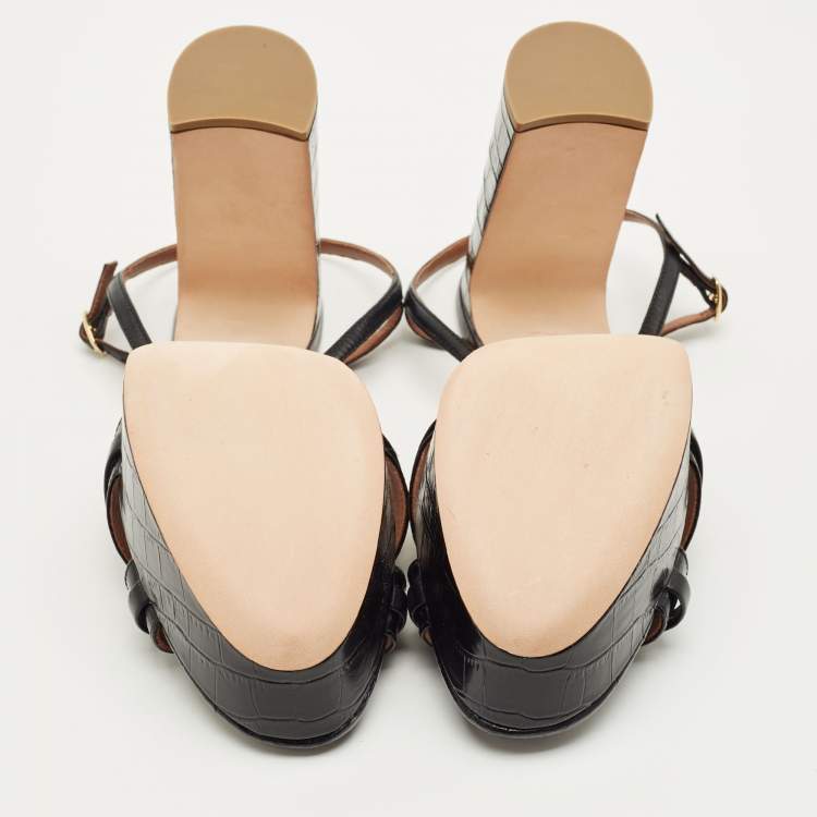 Pre Owned Malone Souliers Black Croc Embossed Leather Mila Platform Sandals Size 42