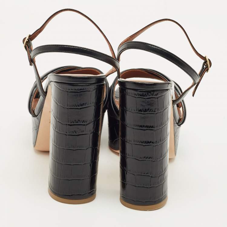 Pre Owned Malone Souliers Black Croc Embossed Leather Mila Platform Sandals Size 42