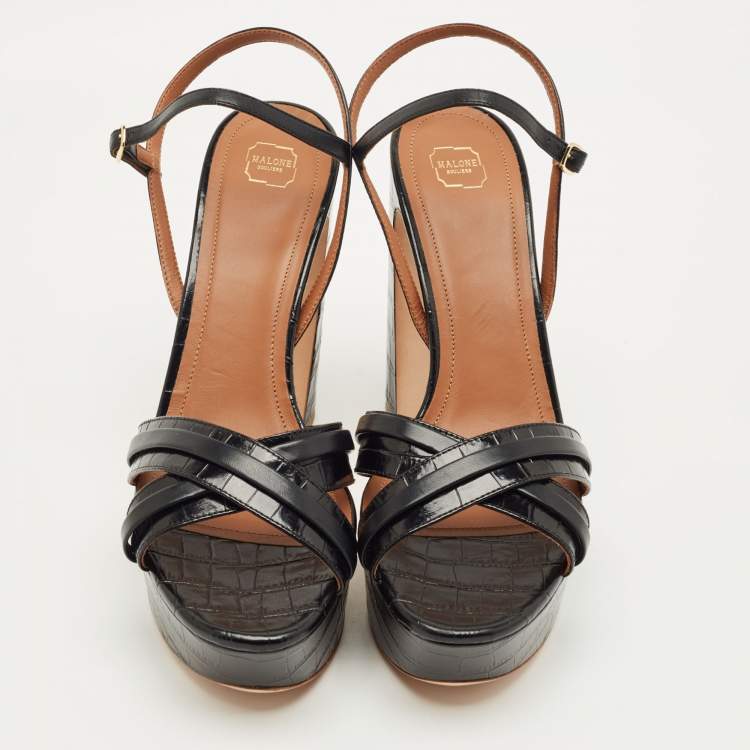 Pre Owned Malone Souliers Black Croc Embossed Leather Mila Platform Sandals Size 42