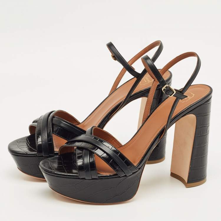 Pre Owned Malone Souliers Black Croc Embossed Leather Mila Platform Sandals Size 42