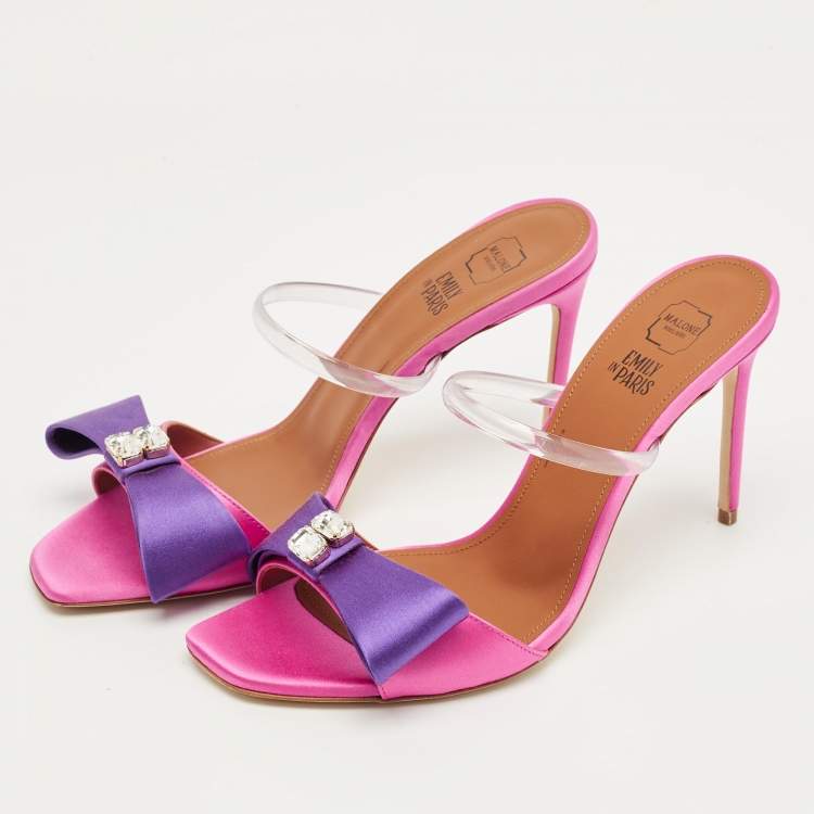 Pre Owned Malone Souliers Pink/Purple Satin Emily Bow Slide Sandals Size 38