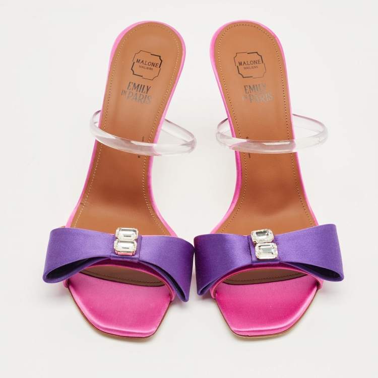 Pre Owned Malone Souliers Pink/Purple Satin Emily Bow Slide Sandals Size 38