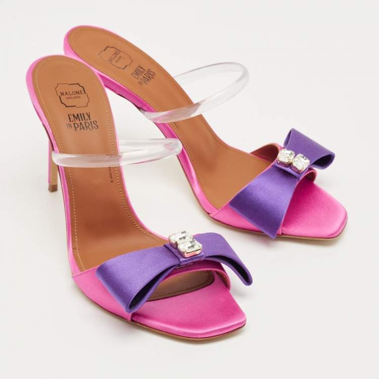 Pre Owned Malone Souliers Pink/Purple Satin Emily Bow Slide Sandals Size 38