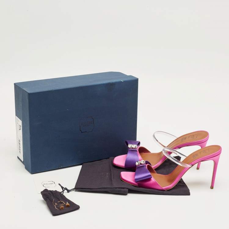 Pre Owned Malone Souliers Pink/Purple Satin Emily Bow Slide Sandals Size 38