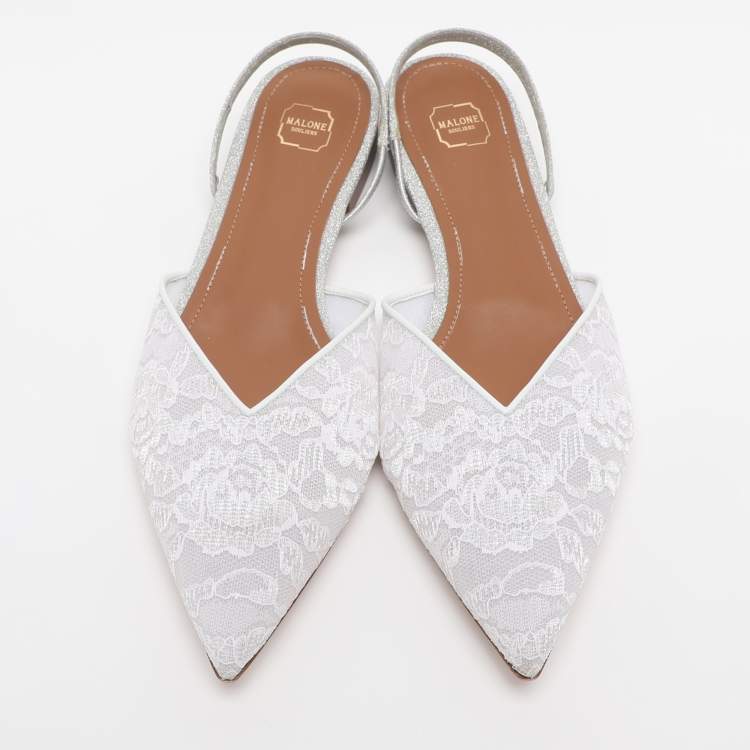 Pre Owned Malone Souliers White Lace Marla Slingback Flats Size 39