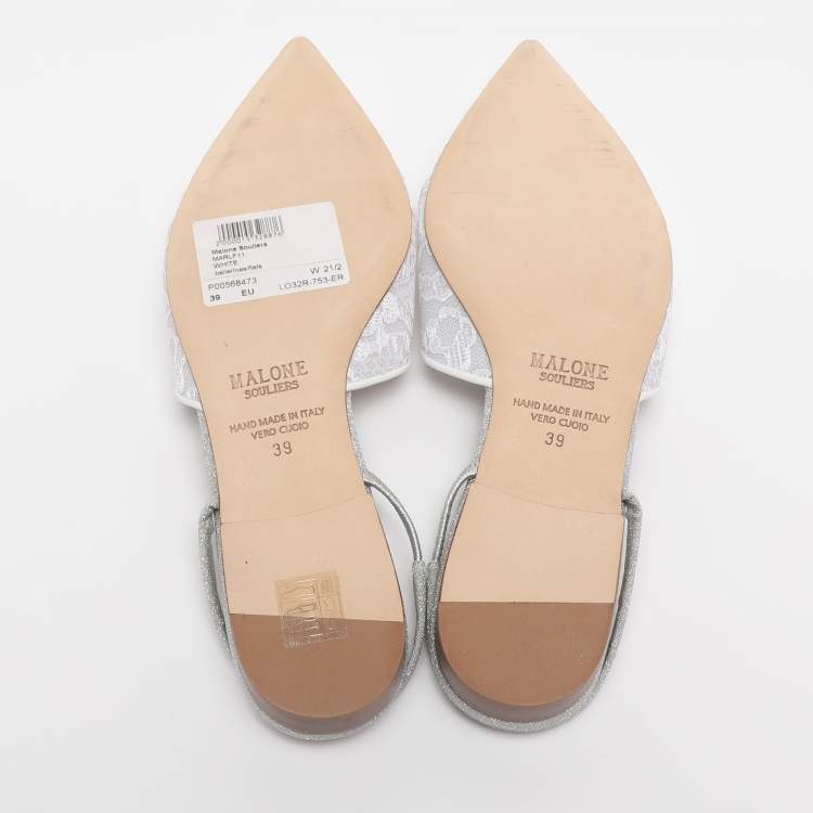 Pre Owned Malone Souliers White Lace Marla Slingback Flats Size 39