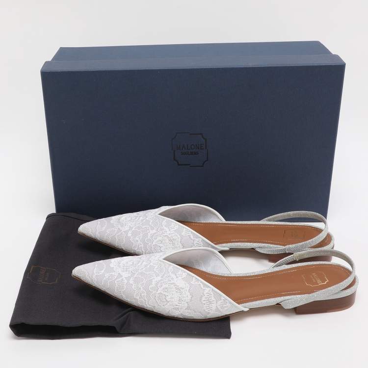 Pre Owned Malone Souliers White Lace Marla Slingback Flats Size 39