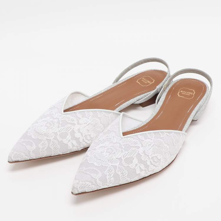 Pre Owned Malone Souliers White Lace Marla Slingback Flats Size 39