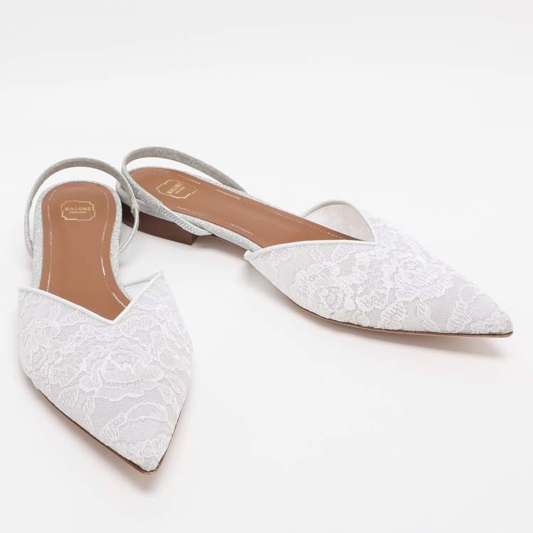 Pre Owned Malone Souliers White Lace Marla Slingback Flats Size 39