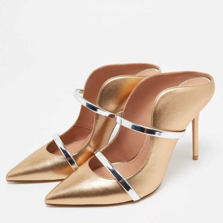 Pre Owned Malone Souliers Maureen Size 38.5 Gold/Silver Leather Mules