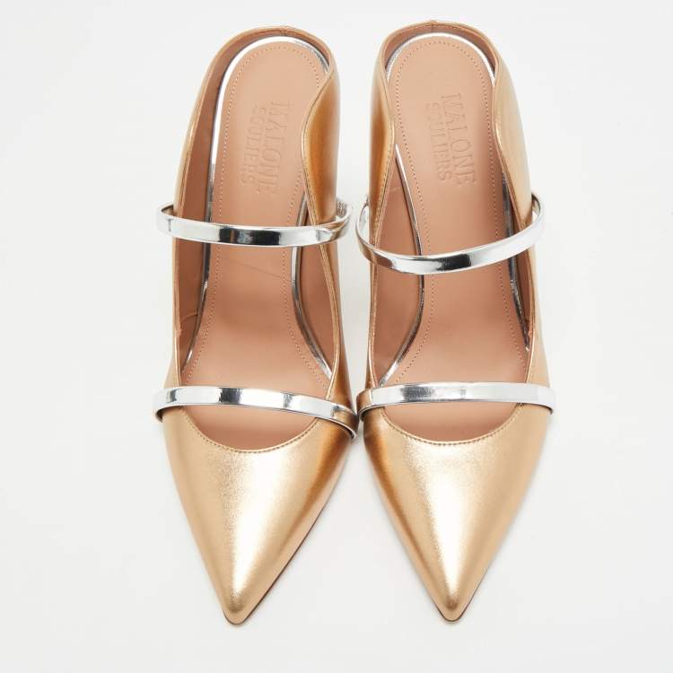 Pre Owned Malone Souliers Maureen Size 38.5 Gold/Silver Leather Mules