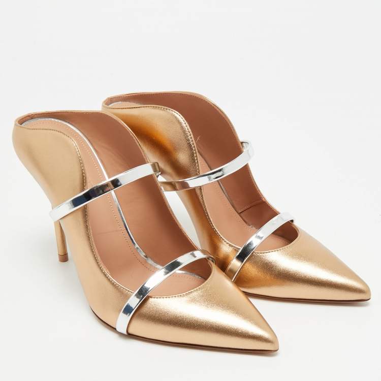Pre Owned Malone Souliers Maureen Size 38.5 Gold/Silver Leather Mules