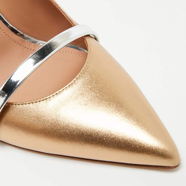 Pre Owned Malone Souliers Maureen Size 38.5 Gold/Silver Leather Mules