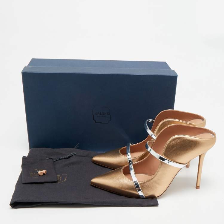 Pre Owned Malone Souliers Maureen Size 38.5 Gold/Silver Leather Mules