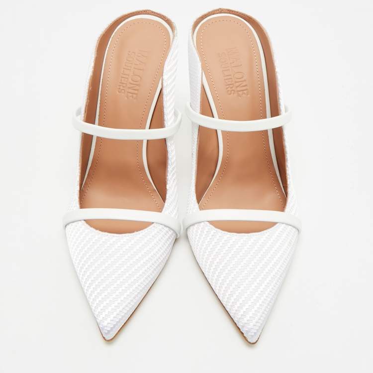 Pre Owned Malone Souliers Maureen Size 39 White Jacquard and Leather Mules