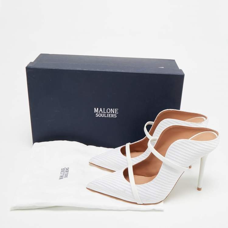 Pre Owned Malone Souliers Maureen Size 39 White Jacquard and Leather Mules