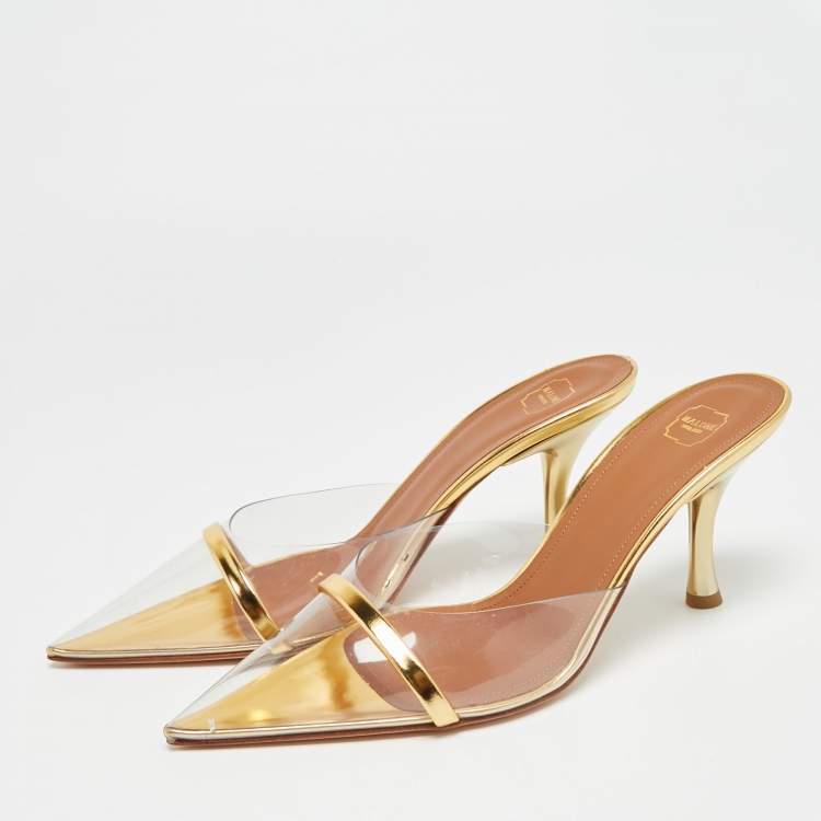 Pre Owned Malone Souliers Joella Size 38.5 Gold Patent Leather and PVC Heel Mules