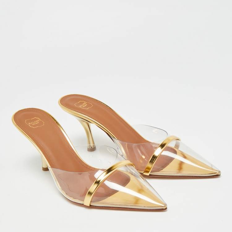 Pre Owned Malone Souliers Joella Size 38.5 Gold Patent Leather and PVC Heel Mules