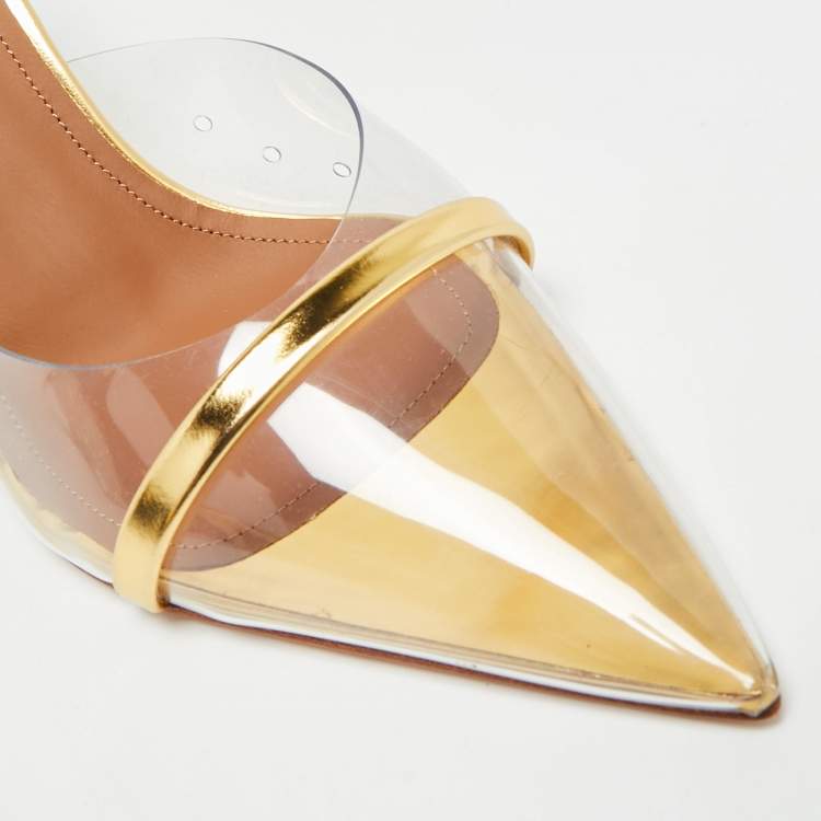 Pre Owned Malone Souliers Joella Size 38.5 Gold Patent Leather and PVC Heel Mules