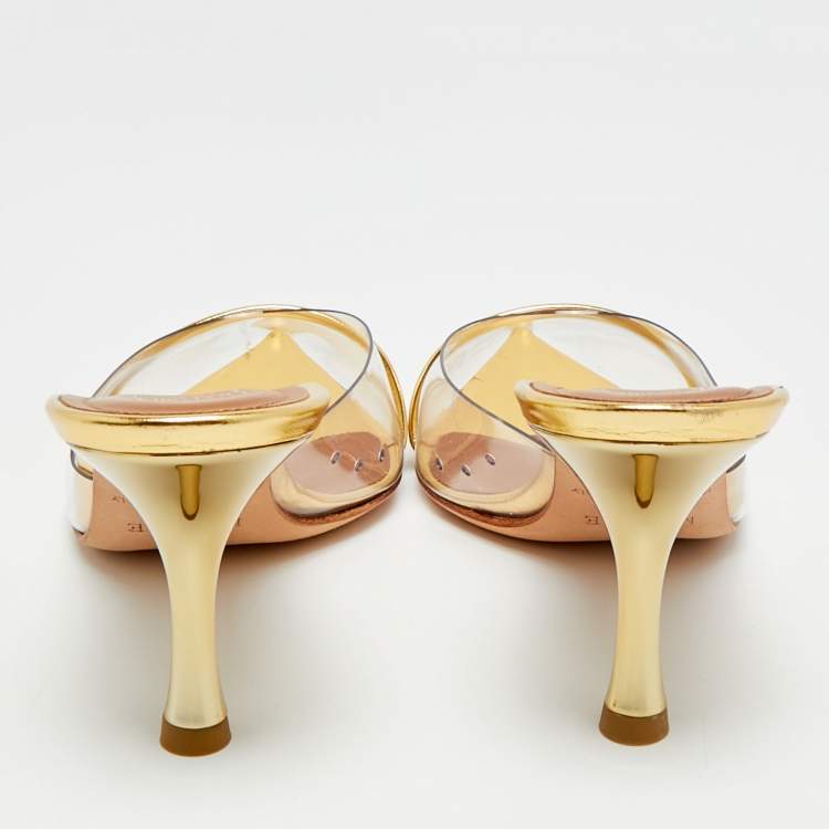 Pre Owned Malone Souliers Joella Size 38.5 Gold Patent Leather and PVC Heel Mules