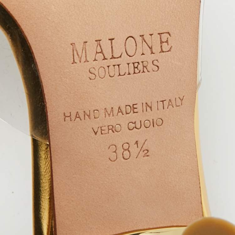 Pre Owned Malone Souliers Joella Size 38.5 Gold Patent Leather and PVC Heel Mules