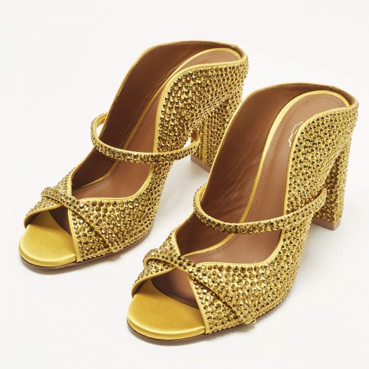 Pre Owned Malone Souliers Norah Size 36 Gold Satin Crystal Embellished Mules
