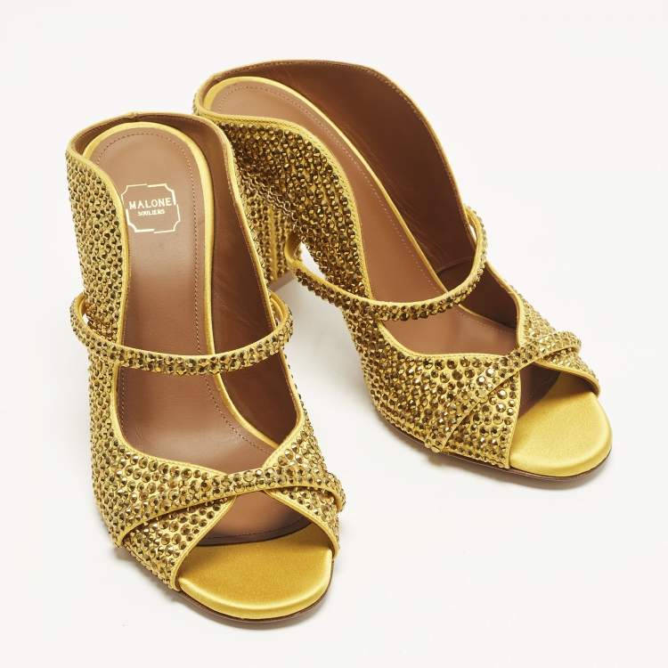 Pre Owned Malone Souliers Norah Size 36 Gold Satin Crystal Embellished Mules