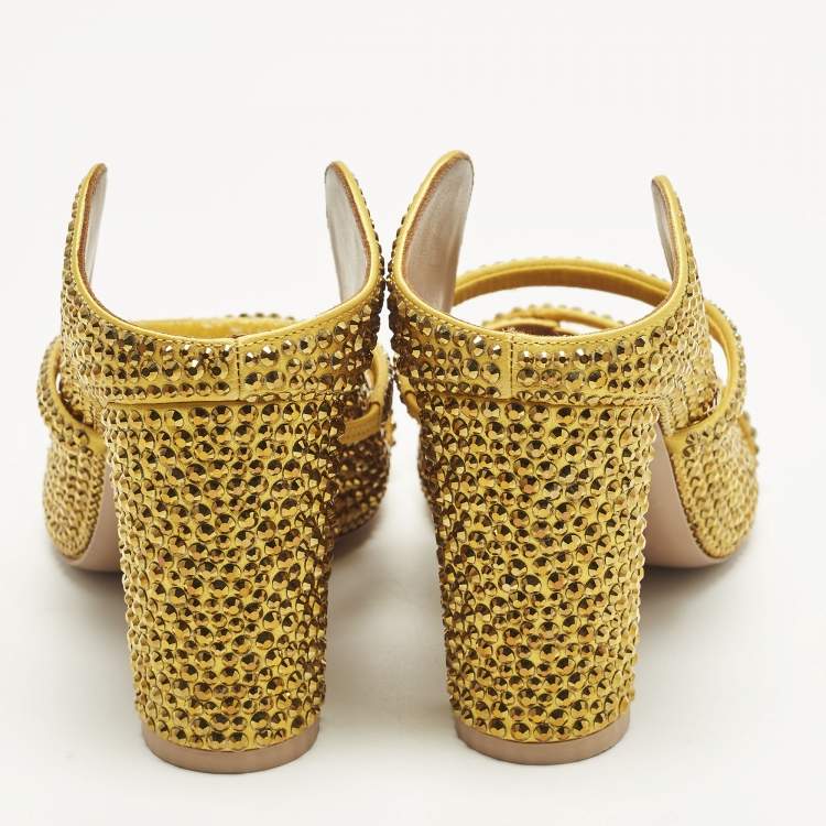 Pre Owned Malone Souliers Norah Size 36 Gold Satin Crystal Embellished Mules