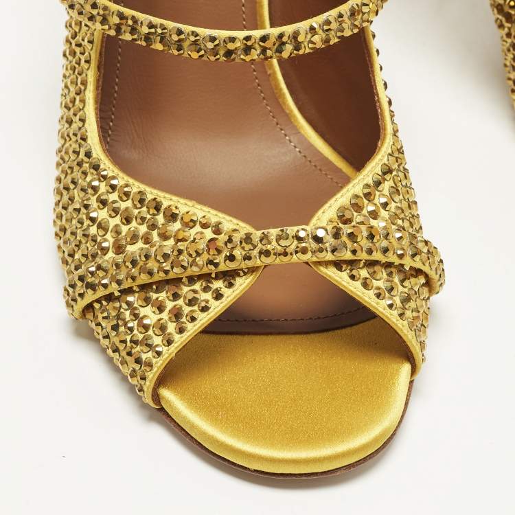 Pre Owned Malone Souliers Norah Size 36 Gold Satin Crystal Embellished Mules