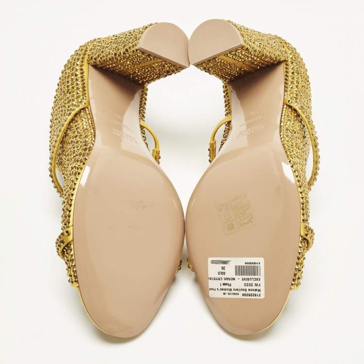 Pre Owned Malone Souliers Norah Size 36 Gold Satin Crystal Embellished Mules