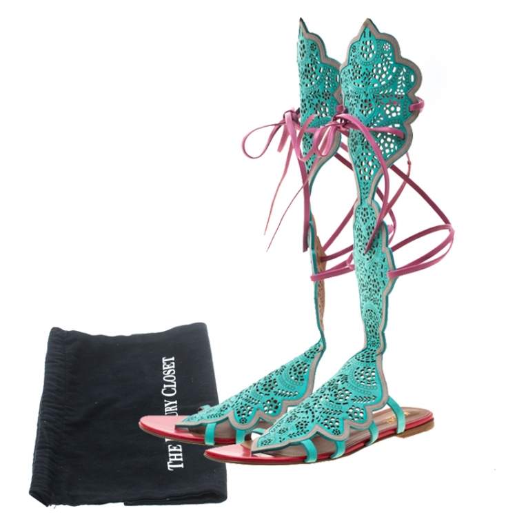 Pre Owned Malone Souliers Tricolor Suede And Leather Lazer Cut Tie Up Flat Sandals Size 40