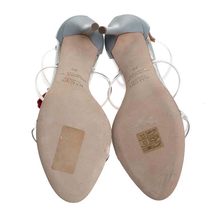 Pre Owned Malone Souliers Grey Leather And PVC Strappy Floral Embellished Open Toe Sandals Size 38