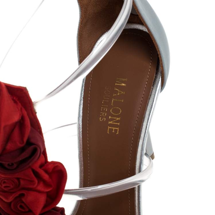 Pre Owned Malone Souliers Grey Leather And PVC Strappy Floral Embellished Open Toe Sandals Size 38