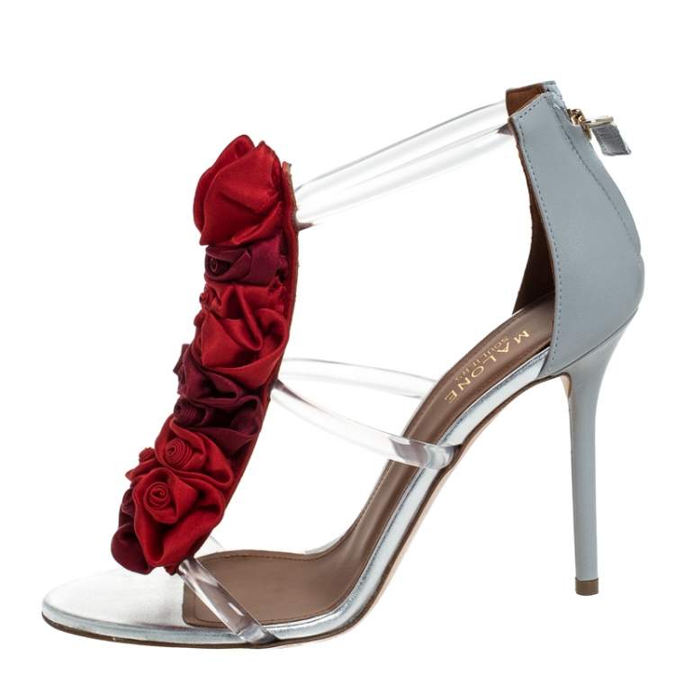 Pre Owned Malone Souliers Grey Leather And PVC Strappy Floral Embellished Open Toe Sandals Size 38