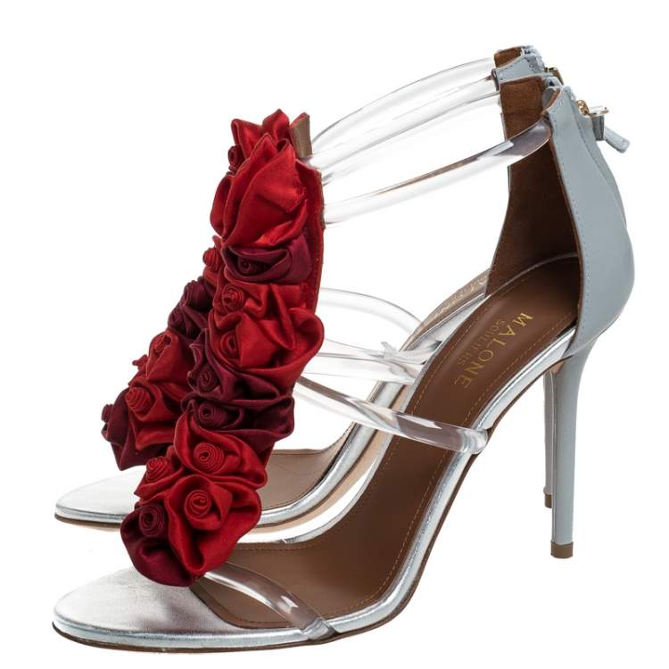 Pre Owned Malone Souliers Grey Leather And PVC Strappy Floral Embellished Open Toe Sandals Size 38
