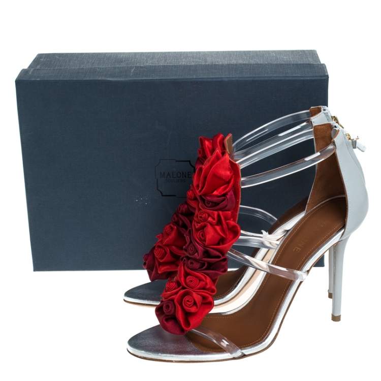 Pre Owned Malone Souliers Grey Leather And PVC Strappy Floral Embellished Open Toe Sandals Size 38