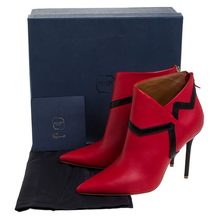 Pre Owned Malone Souliers Red/Black Leather Amelie Pointed Toe Ankle Boots Size 40.5