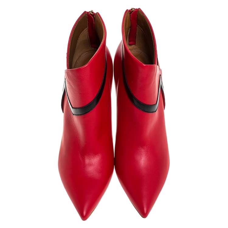 Pre Owned Malone Souliers Red/Black Leather Amelie Pointed Toe Ankle Boots Size 40.5