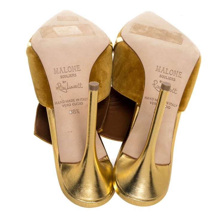 Pre Owned Malone Souliers Mustard Satin and Velvet Danielle Mules Size 38.5