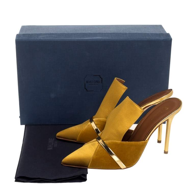 Pre Owned Malone Souliers Mustard Satin and Velvet Danielle Mules Size 38.5