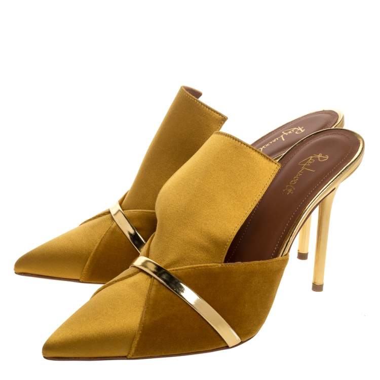 Pre Owned Malone Souliers Mustard Satin and Velvet Danielle Mules Size 38.5