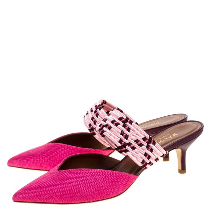 Pre Owned Malone Souliers Pink Raffia Pointed Toe Mules Size 38.5