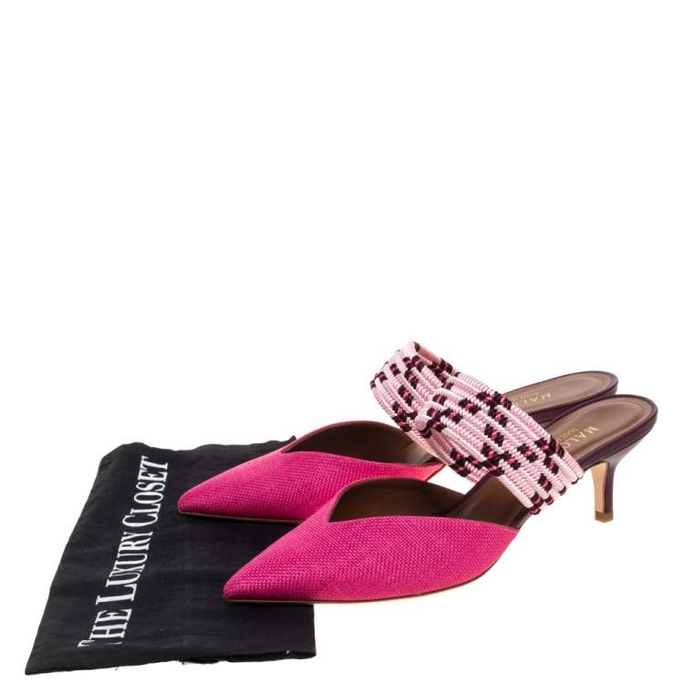 Pre Owned Malone Souliers Pink Raffia Pointed Toe Mules Size 38.5