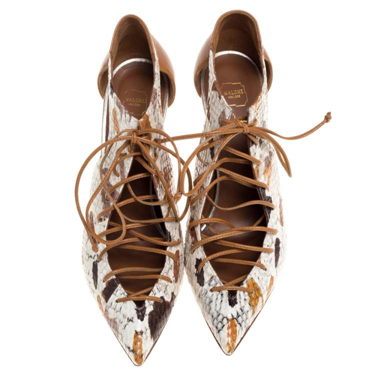 Pre Owned Malone Souliers Brown/White Python Leather Montana Pointed Toe Lace Up Pumps Size 40