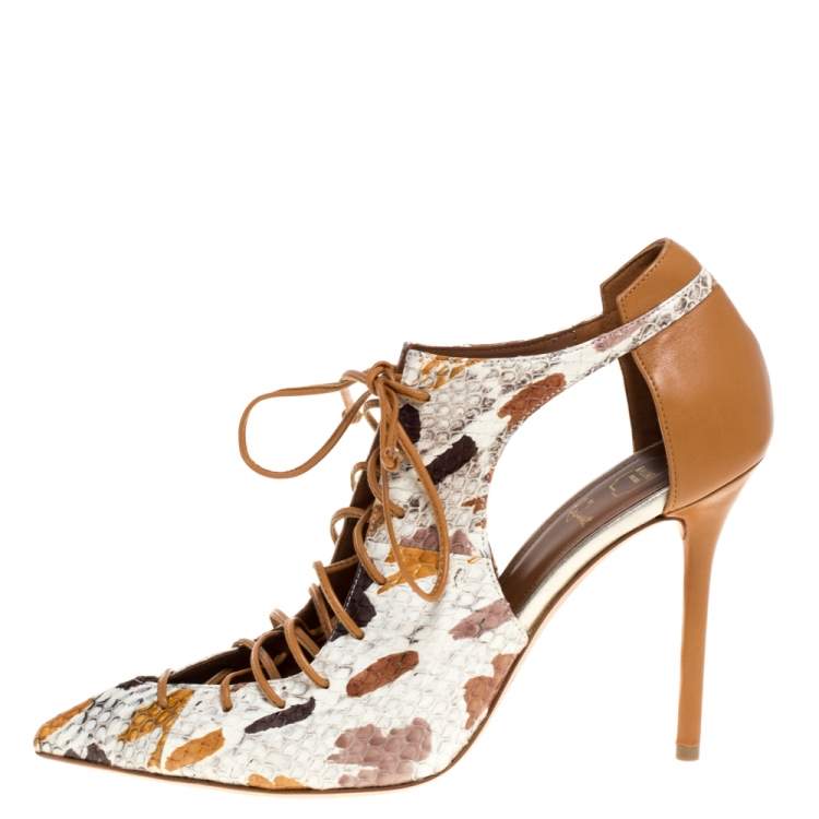 Pre Owned Malone Souliers Brown/White Python Leather Montana Pointed Toe Lace Up Pumps Size 40
