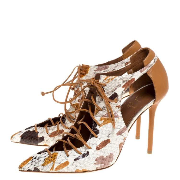 Pre Owned Malone Souliers Brown/White Python Leather Montana Pointed Toe Lace Up Pumps Size 40