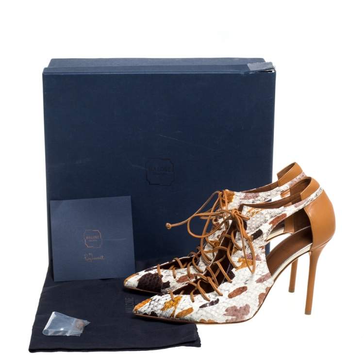 Pre Owned Malone Souliers Brown/White Python Leather Montana Pointed Toe Lace Up Pumps Size 40