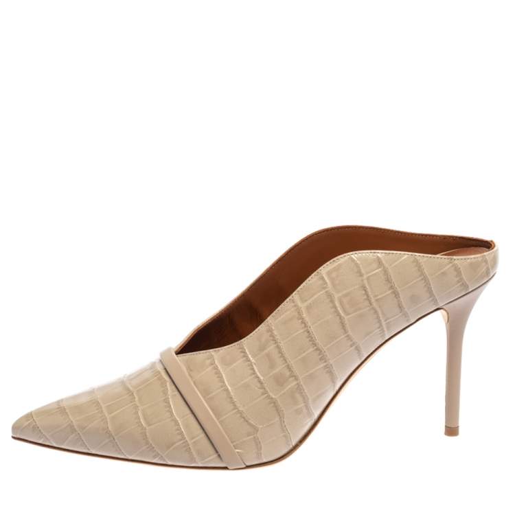 Pre Owned Malone Souliers Beige Croc Embossed Leather Constance Mules Size 41.5